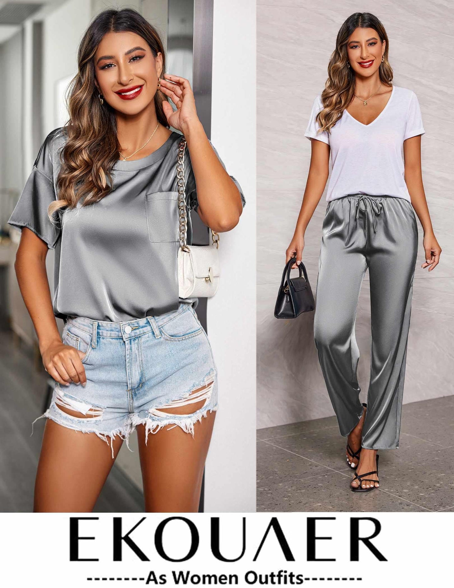 Ensemble de pyjama en satin soyeux pour femmes Ekouaer, chemise à manches courtes avec pantalon de pyjama long, vêtements de détente doux