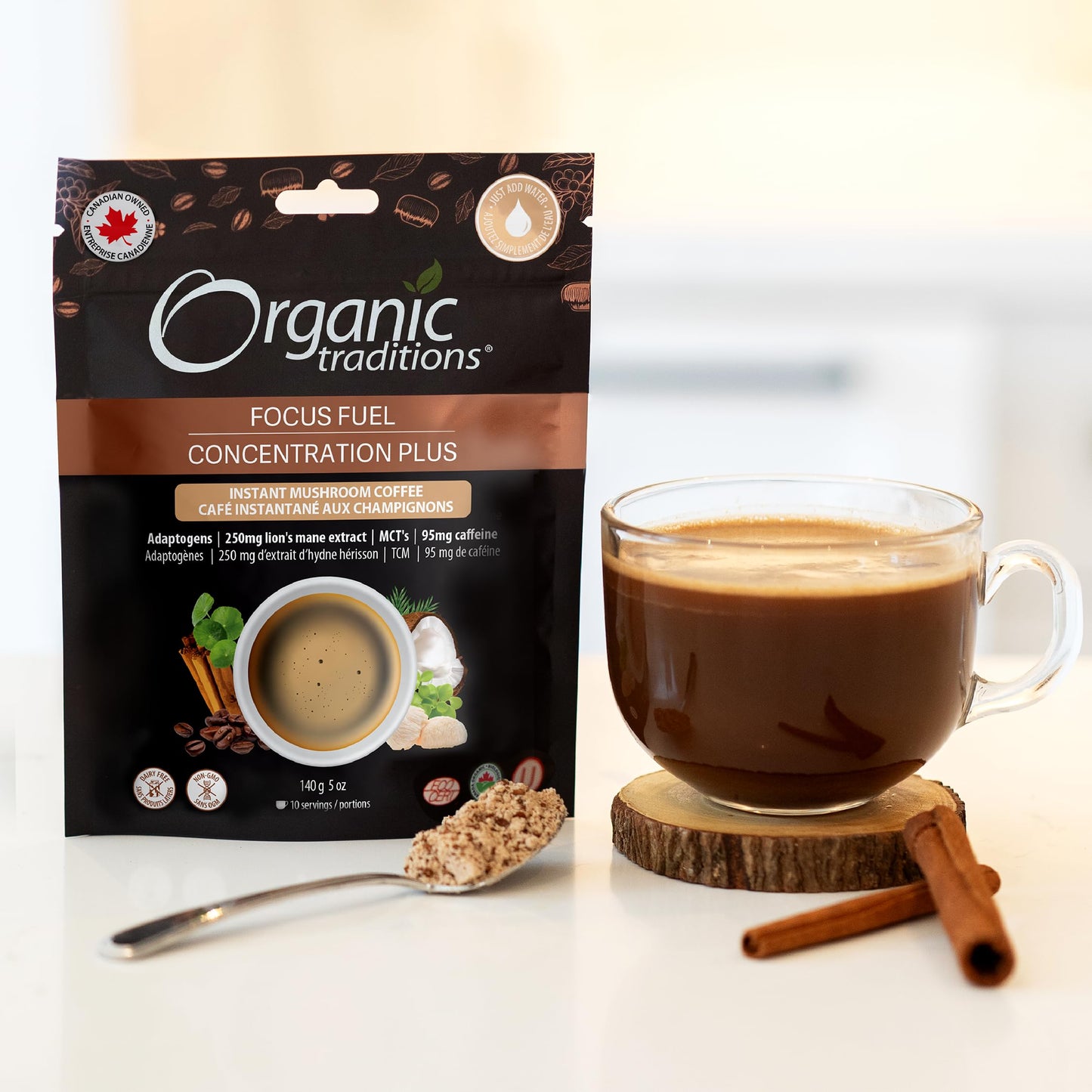 Café instantané biologique aux champignons Focus Fuel de Organic Traditions - Mélange de café aux champignons crinière de lion avec adaptogènes et C8 MCT - 140 g/5 oz 