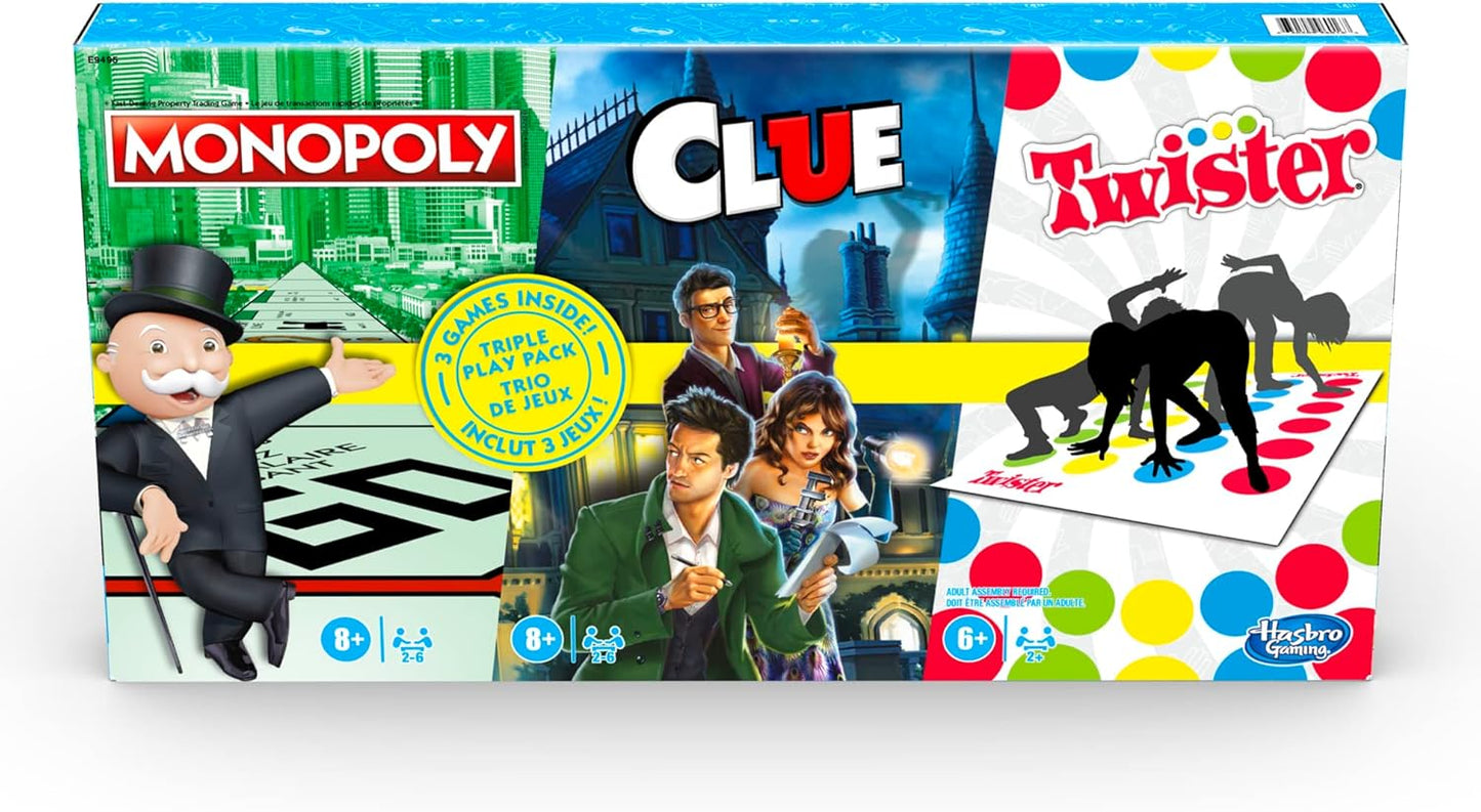 Family Gaming Triple Play Pack, 3-Pack Includes Monopoly, Clue, and Twister Games, 3 Classic Games in 1 Box, Full Gameplay (Amazon Exclusive)