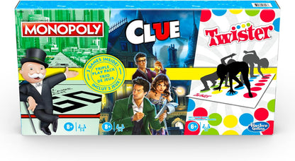 Family Gaming Triple Play Pack, 3-Pack Includes Monopoly, Clue, and Twister Games, 3 Classic Games in 1 Box, Full Gameplay (Amazon Exclusive)