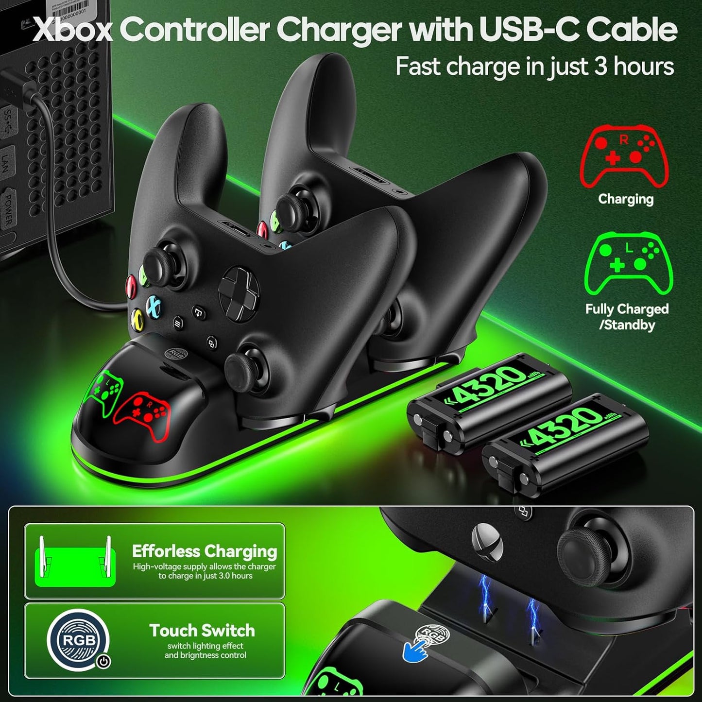 Station de charge pour contrôleur OIVO XSX avec 2 packs de batteries rechargeables pour contrôleur Xbox Series X/S/One/Elite/Core, station de charge Xbox, kit de charge, station de charge pour contrôleur Xbox 