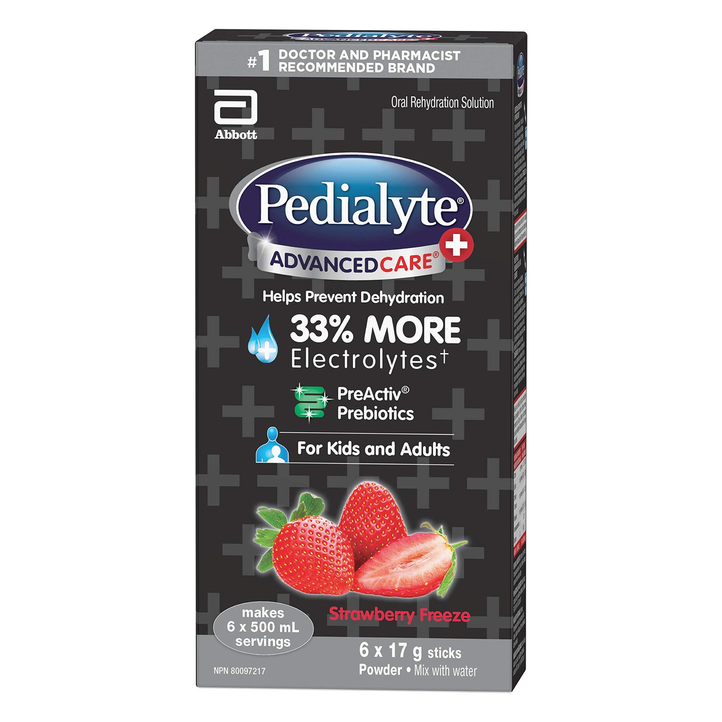 Pack économique de bâtonnets de poudre d'électrolytes Pedialyte AdvancedCare Plus, électrolytes pour la déshydratation, sachets de poudre d'électrolytes, Strawberry Freeze, 6 x 17 g 