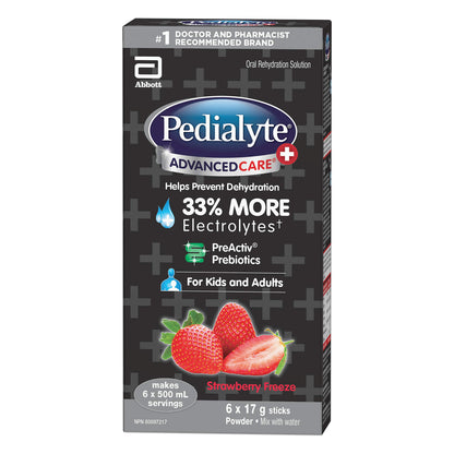 Pack économique de bâtonnets de poudre d'électrolytes Pedialyte AdvancedCare Plus, électrolytes pour la déshydratation, sachets de poudre d'électrolytes, Strawberry Freeze, 6 x 17 g 