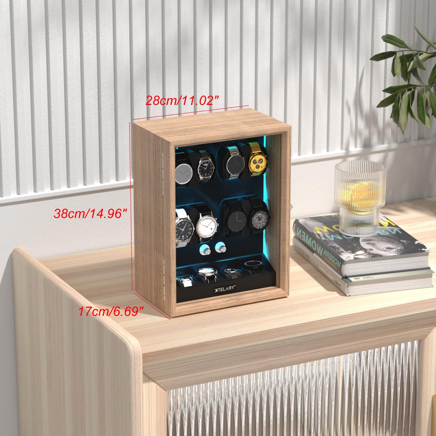 XTELARY Watch Winder for 4/6/8/12 Automatic Watches, Lockable Automatic Winders with Extra Watch Storages, 4 Rotation Modes, Flexible Watch Pillows, Quiet Mabuchi Motor, and Blue Backlight