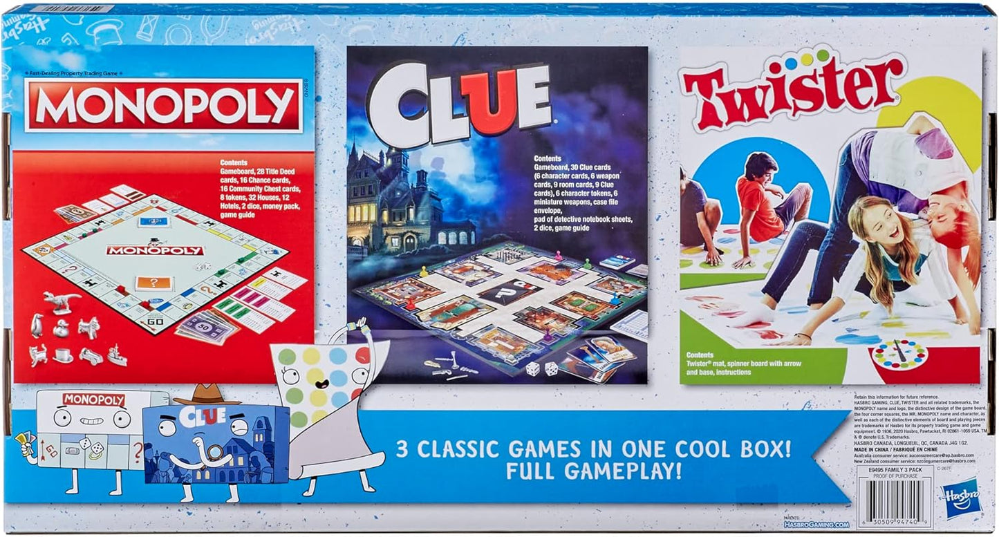 Family Gaming Triple Play Pack, 3-Pack Includes Monopoly, Clue, and Twister Games, 3 Classic Games in 1 Box, Full Gameplay (Amazon Exclusive)