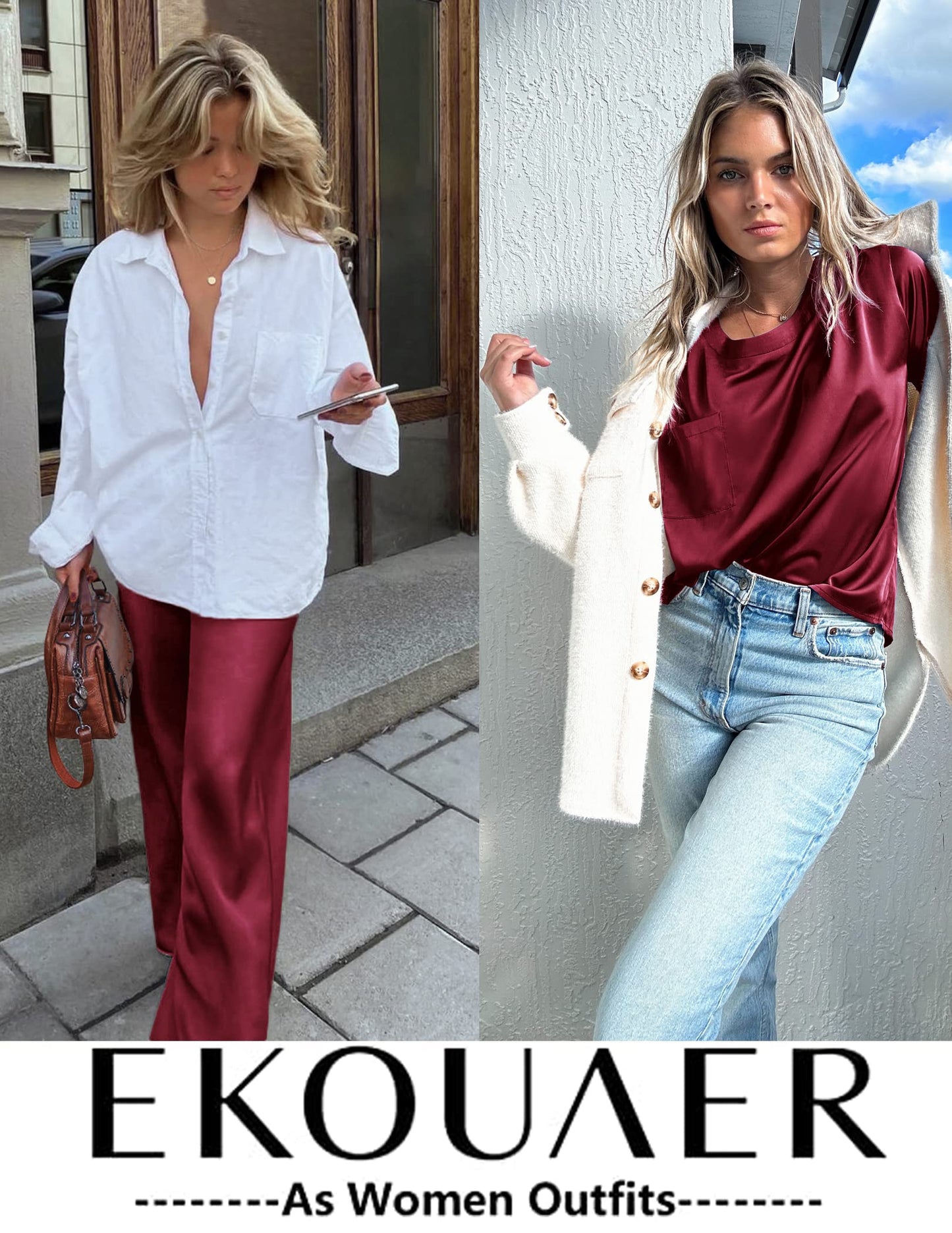 Ensemble de pyjama en satin soyeux pour femmes Ekouaer, chemise à manches courtes avec pantalon de pyjama long, vêtements de détente doux