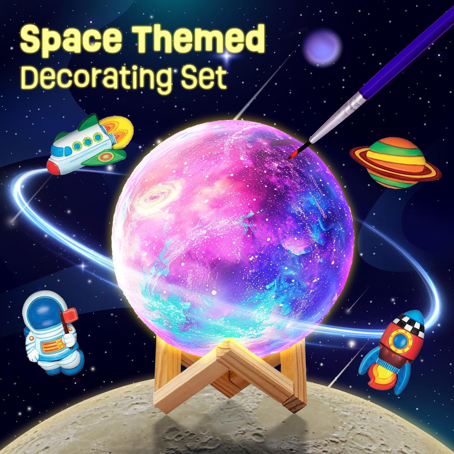 Paint Your Own Moon Lamp Kit, DIY 3D Moon Night Light with Space Figurines & Wooden Stand, Art Supplies Creativity Arts & Crafts Kit for Kids, Toys Girls Boy Birthday Christmas Gift Ages 3 4 5 6 7 8 9 10 11 12+