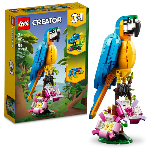 Ensemble de construction 3 en 1 LEGO Creator Perroquet exotique, se transforme en 3 figurines d'animaux différentes - du perroquet coloré au poisson nageur en passant par la grenouille mignonne, jouets créatifs pour les enfants de 7 ans et plus, 31136 