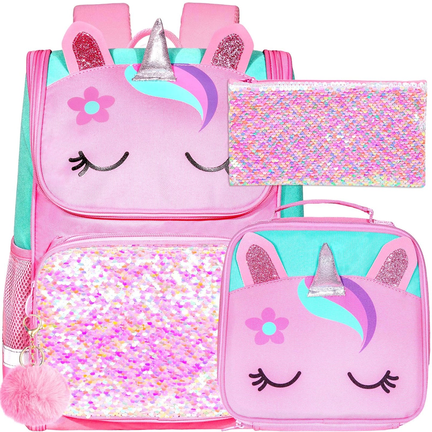 3PCS Kids Backpack for Girls, 15" Sequin Bookbag with Lunch Box, Leopard School Bag Set for Elementary Preschool Toddler