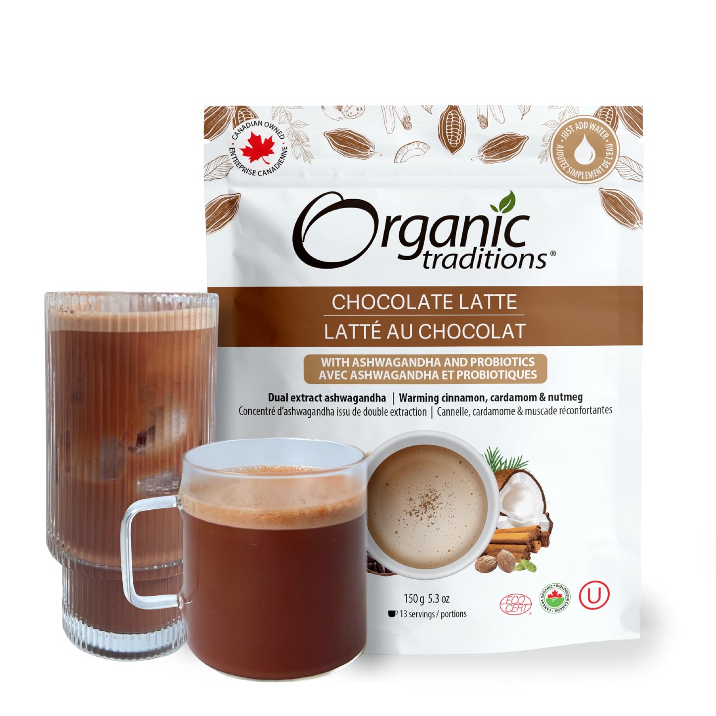 Latte au chocolat superalimentaire avec ashwagandha d'Organic Traditions, mélange de boissons sans caféine et sans produits laitiers pour chocolat chaud et glacé, sachet de 150 g/5,3 oz 