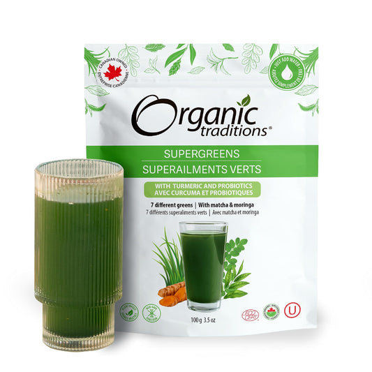 Polvo de superalimentos orgánicos Super Greens con cúrcuma de Organic Traditions, polvo de verduras orgánicas, potenciador de batidos, bolsa de 100 g/3,5 oz