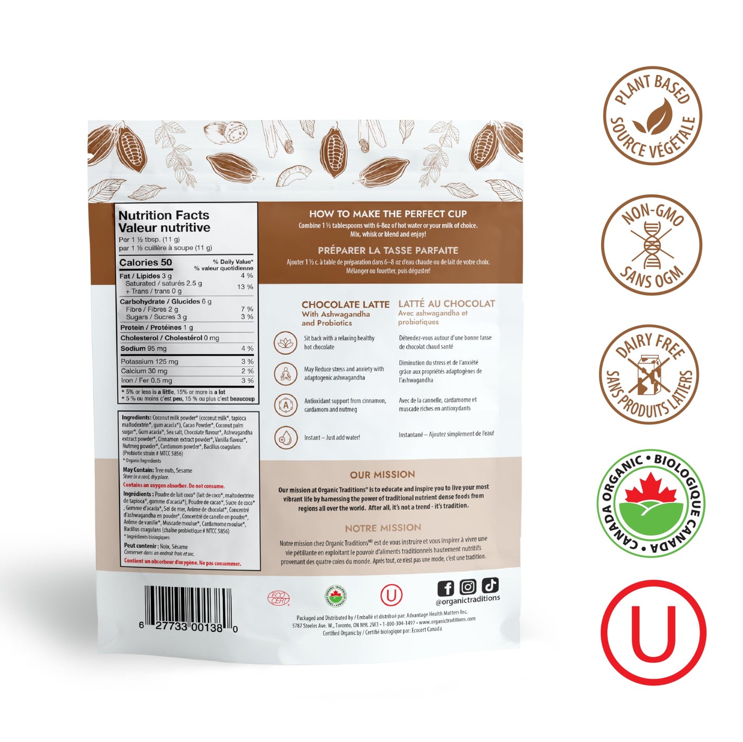 Latte au chocolat superalimentaire avec ashwagandha d'Organic Traditions, mélange de boissons sans caféine et sans produits laitiers pour chocolat chaud et glacé, sachet de 150 g/5,3 oz 