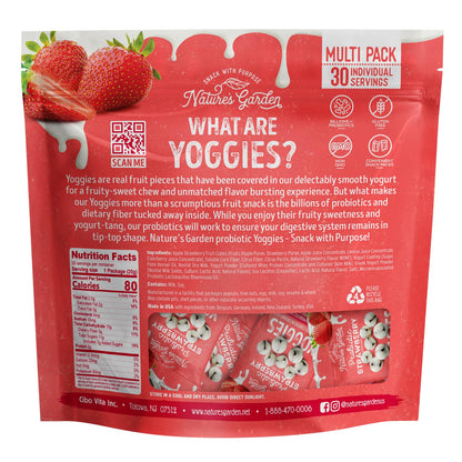 Nature's Garden Probiotic Yoggies Multi Pack, 21oz (Strawberry Yoggies 15x0.7 oz +Mixed Berry Yoggies 15x0.7 oz), Strawberry and Mixed Berry Yogurt Covered Snack, High Fiber, Real Fruit Pieces, No Artificial Ingredients, Healthy Snack for Adults