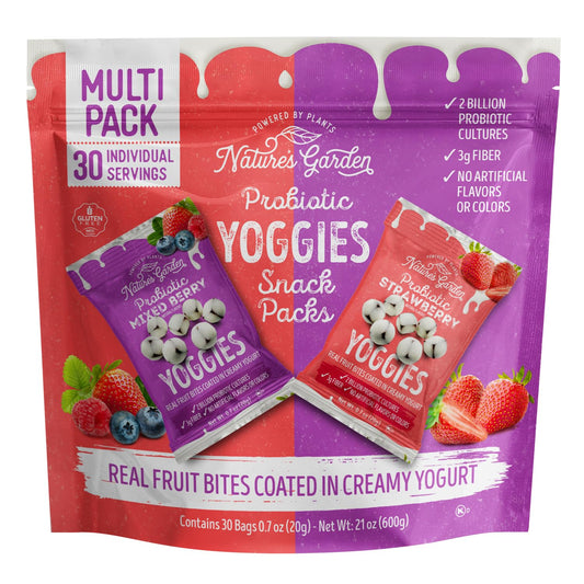 Nature's Garden Probiotic Yoggies Multi Pack, 21oz (Strawberry Yoggies 15x0.7 oz +Mixed Berry Yoggies 15x0.7 oz), Strawberry and Mixed Berry Yogurt Covered Snack, High Fiber, Real Fruit Pieces, No Artificial Ingredients, Healthy Snack for Adults