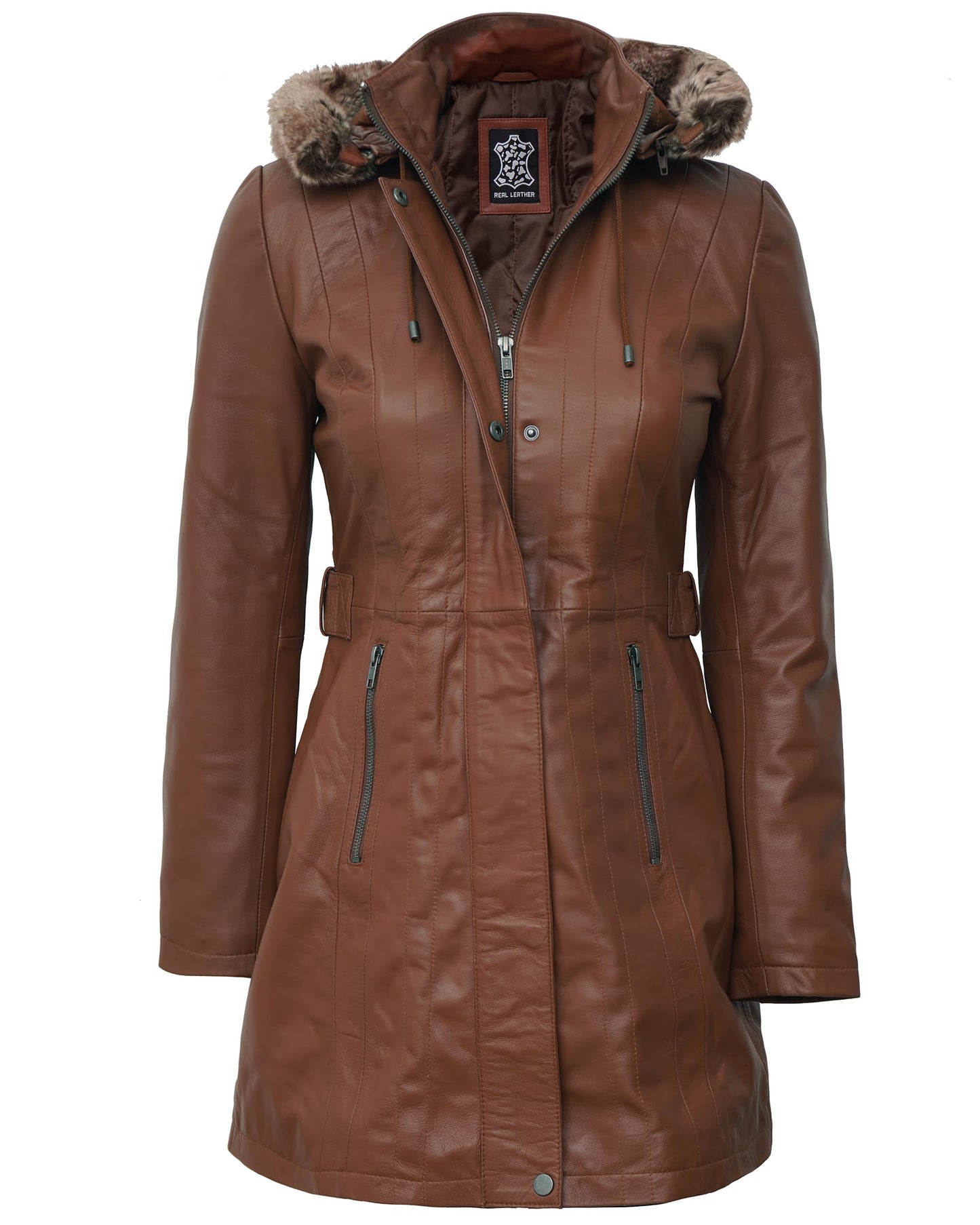 Decrum Hooded Leather Coat - Real Lambskin Parka Leather Jacket For Women With Removable Hood