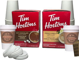 Hot Chocolate Powder & French Vanilla Cappuccino Cup Bundle with 8 Tim Hortons Hot Chocolate Packets & 8 Tim Hortons French Vanilla Cappuccino Mix Packets with 8 AJM Collections Disposable Coffee Cups