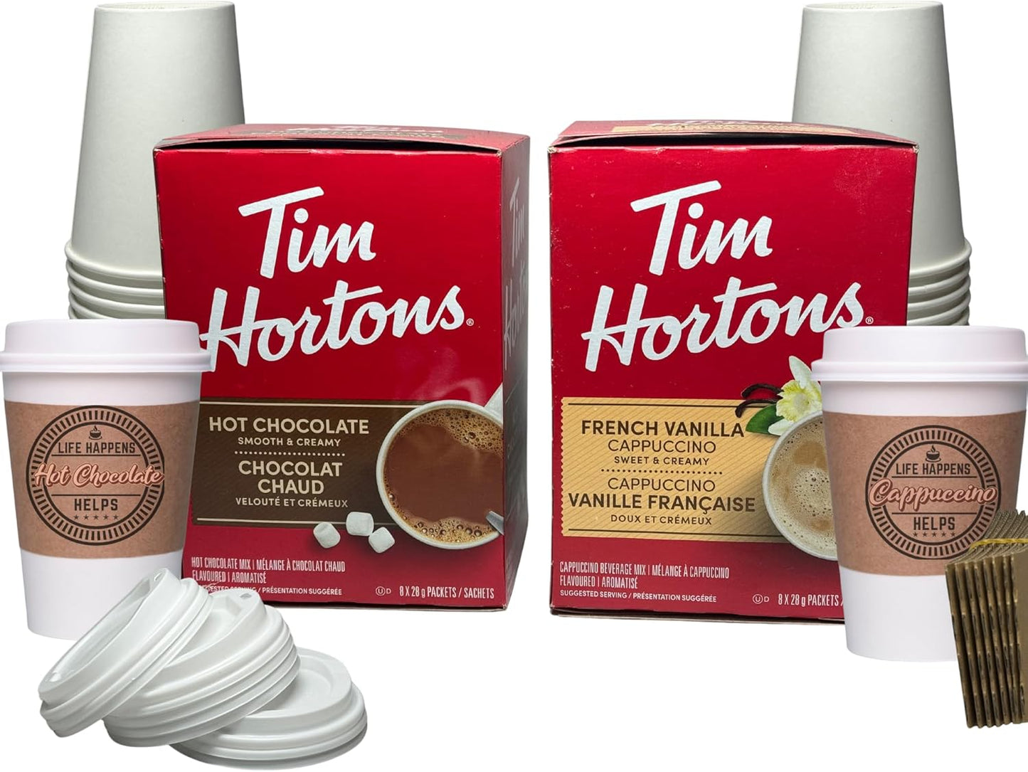 Hot Chocolate Powder & French Vanilla Cappuccino Cup Bundle with 8 Tim Hortons Hot Chocolate Packets & 8 Tim Hortons French Vanilla Cappuccino Mix Packets with 8 AJM Collections Disposable Coffee Cups