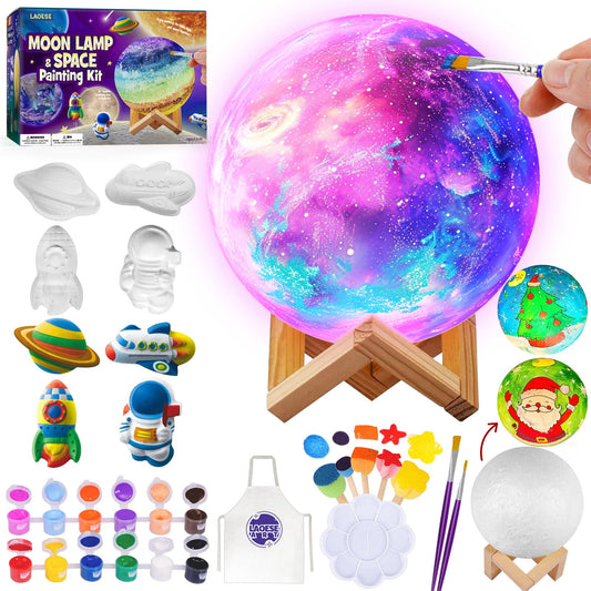 Paint Your Own Moon Lamp Kit, DIY 3D Moon Night Light with Space Figurines & Wooden Stand, Art Supplies Creativity Arts & Crafts Kit for Kids, Toys Girls Boy Birthday Christmas Gift Ages 3 4 5 6 7 8 9 10 11 12+