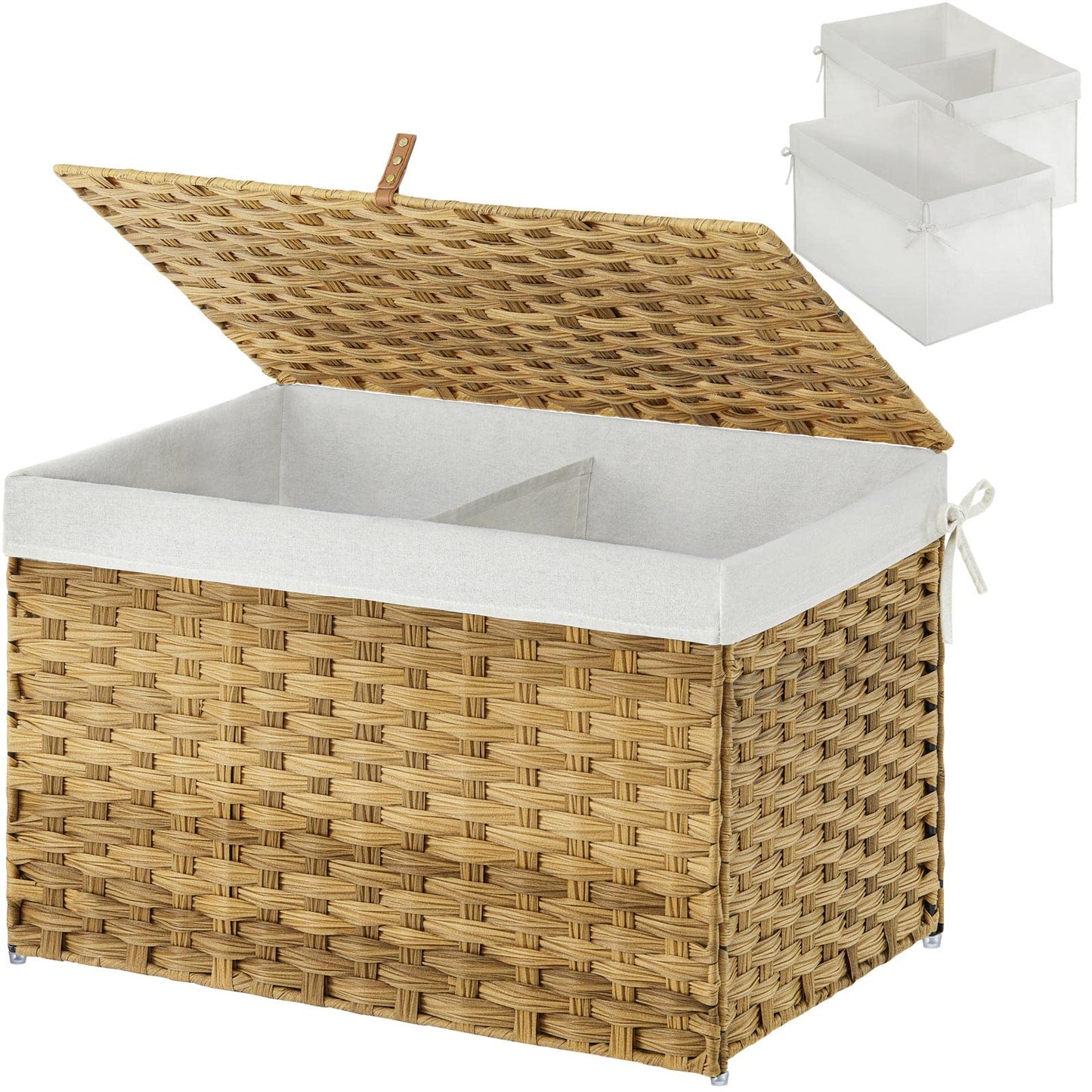 Panier de rangement Greenstell avec couvercle, grand panier à étagères tissé à la main de 65 L avec doublure en coton et cadre en métal, pliable et facile à installer, panier de rangement avec poignée pour chambre à coucher, buanderie