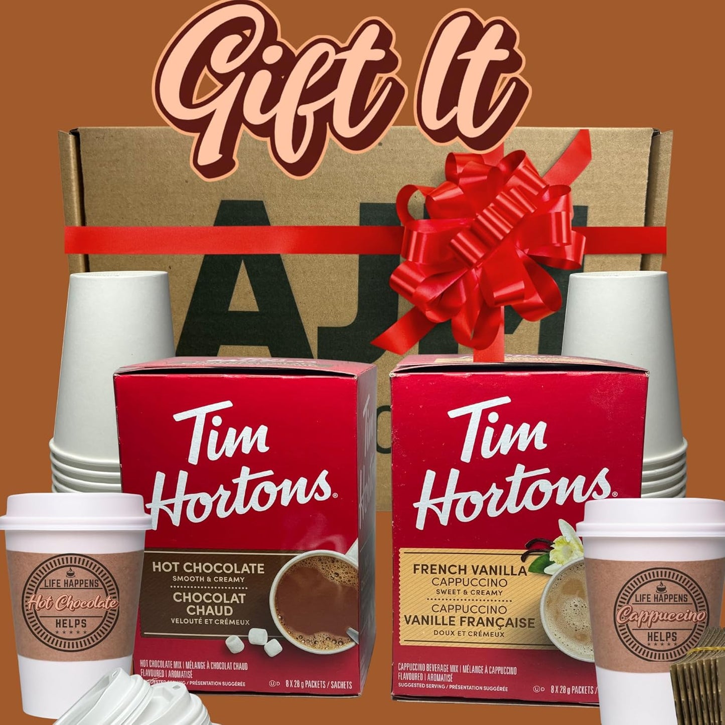 Hot Chocolate Powder & French Vanilla Cappuccino Cup Bundle with 8 Tim Hortons Hot Chocolate Packets & 8 Tim Hortons French Vanilla Cappuccino Mix Packets with 8 AJM Collections Disposable Coffee Cups