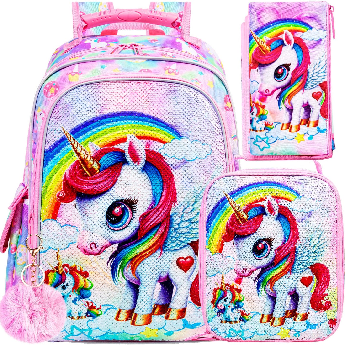 3PCS Kids Backpack for Girls, 15" Sequin Bookbag with Lunch Box, Leopard School Bag Set for Elementary Preschool Toddler