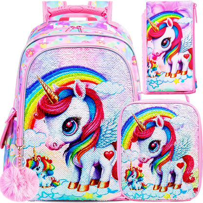 3PCS Kids Backpack for Girls, 15" Sequin Bookbag with Lunch Box, Leopard School Bag Set for Elementary Preschool Toddler