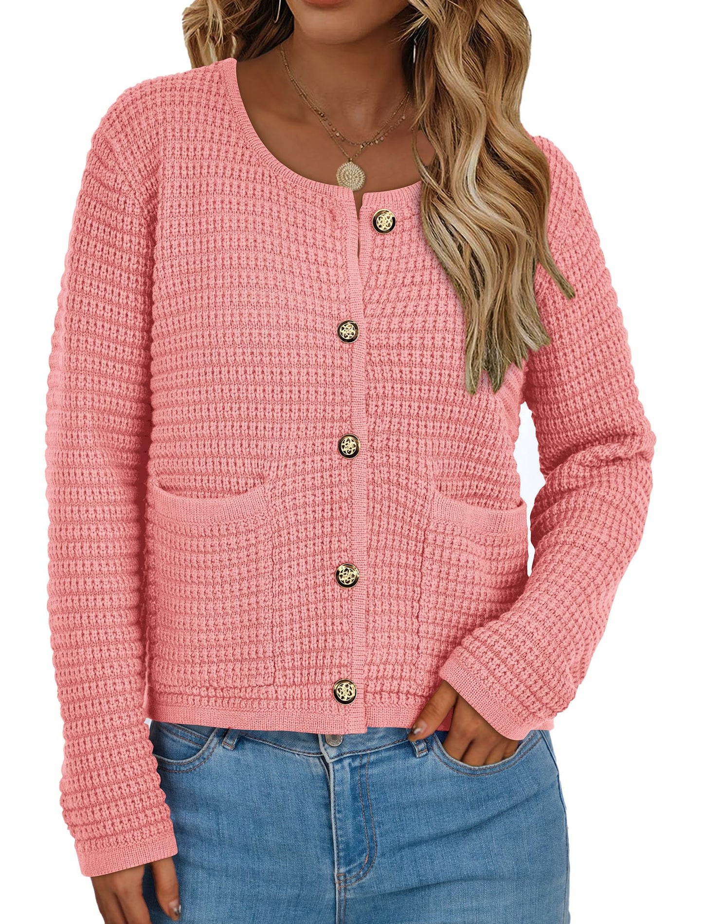 PRETTYGARDEN Open Front Cardigan Sweaters for Women Button Down Long Sleeve Casual Cute Knitted Shirts with Pockets