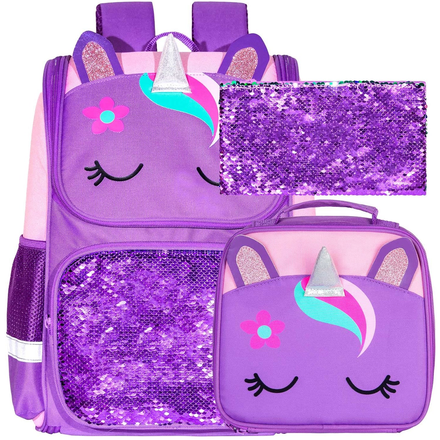 3PCS Kids Backpack for Girls, 15" Sequin Bookbag with Lunch Box, Leopard School Bag Set for Elementary Preschool Toddler