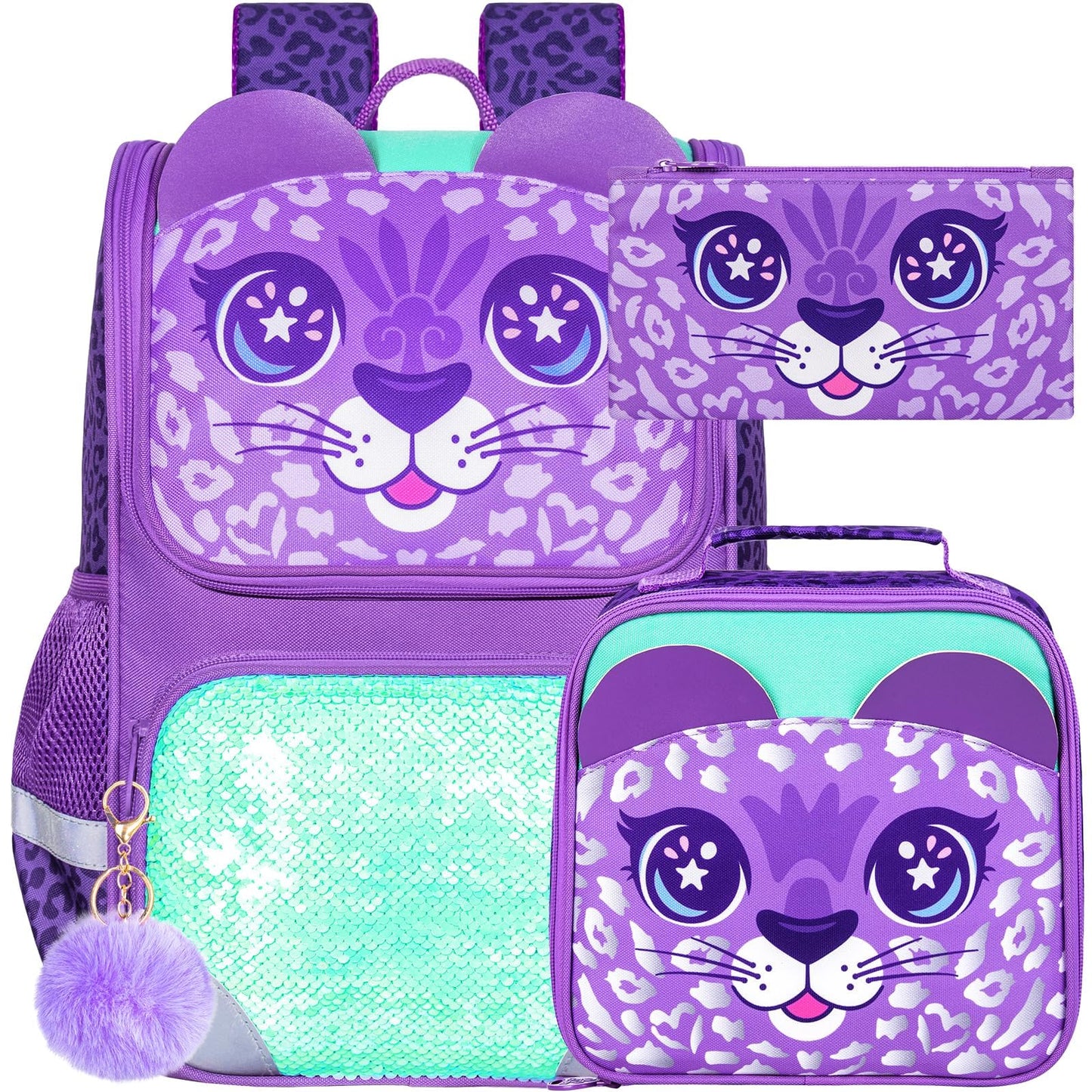 3PCS Kids Backpack for Girls, 15" Sequin Bookbag with Lunch Box, Leopard School Bag Set for Elementary Preschool Toddler