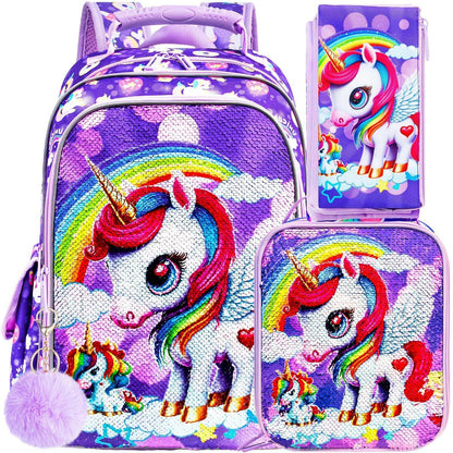 3PCS Kids Backpack for Girls, 15" Sequin Bookbag with Lunch Box, Leopard School Bag Set for Elementary Preschool Toddler