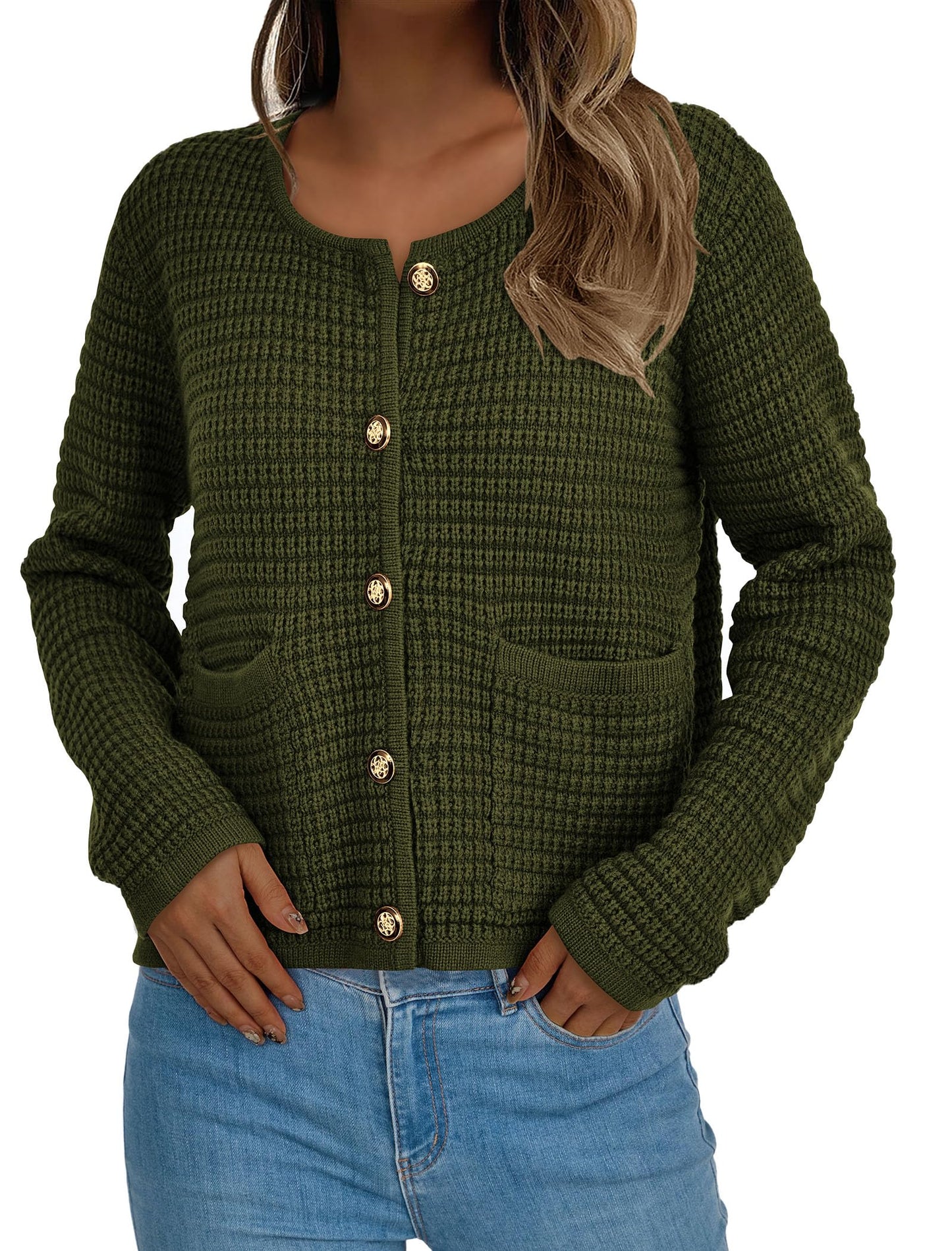 PRETTYGARDEN Open Front Cardigan Sweaters for Women Button Down Long Sleeve Casual Cute Knitted Shirts with Pockets