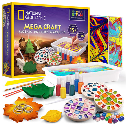 NATIONAL GEOGRAPHIC Mega Arts and Crafts Kit for Kids – Mosaic Kit, Marbling Paint Kit & Air Dry Clay Pottery Kit – Art Projects for Kids Ages 8-12, Crafts for Girls and Boys