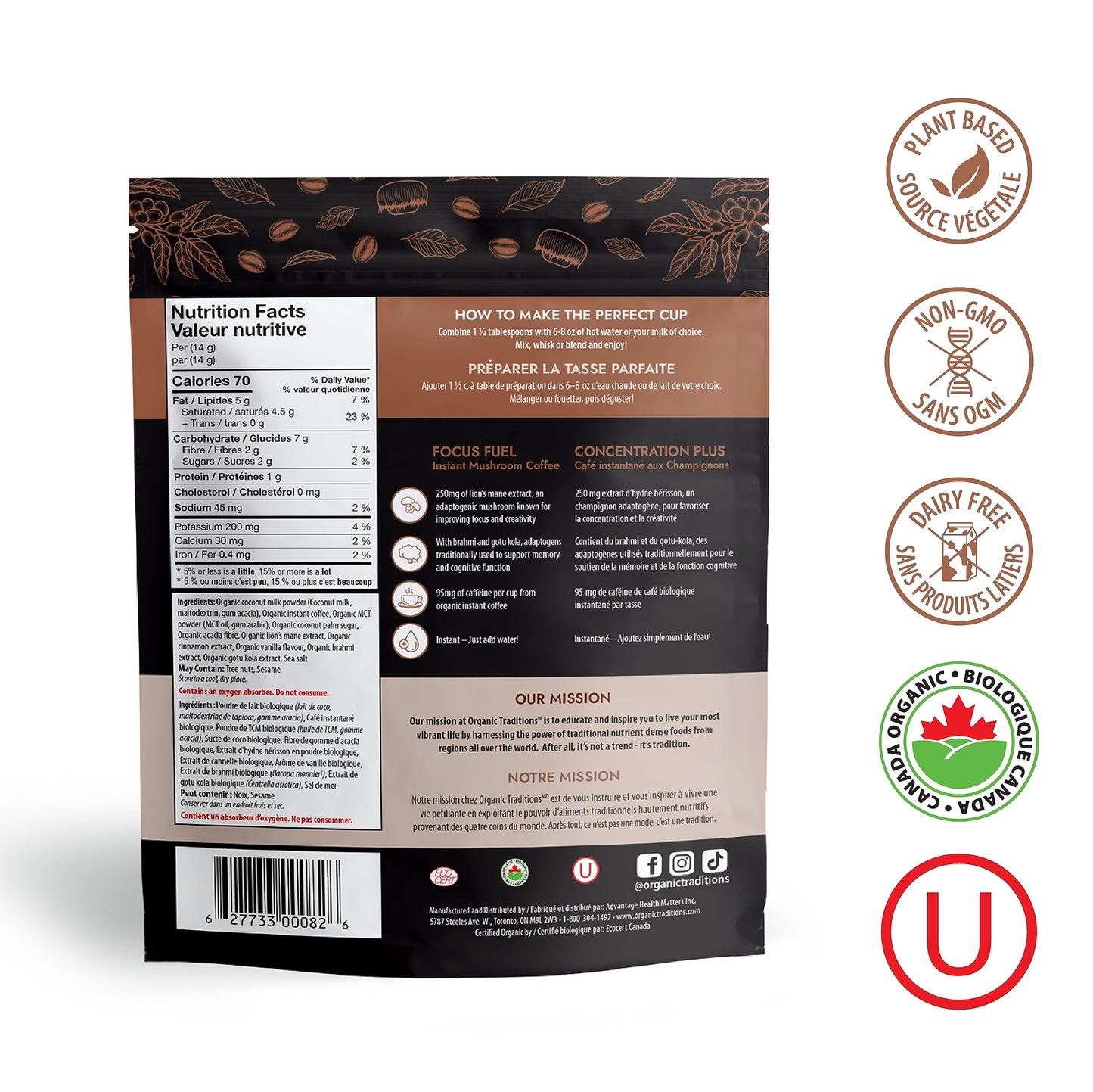 Café instantané biologique aux champignons Focus Fuel de Organic Traditions - Mélange de café aux champignons crinière de lion avec adaptogènes et C8 MCT - 140 g/5 oz 