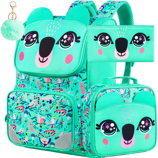 3PCS Bookbag for Girls, Sequin Backpack with Lunch Box, 15" Kids Preschool School Bag for Elementary Toddler Students - Green Koala