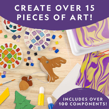 NATIONAL GEOGRAPHIC Mega Arts and Crafts Kit for Kids – Mosaic Kit, Marbling Paint Kit & Air Dry Clay Pottery Kit – Art Projects for Kids Ages 8-12, Crafts for Girls and Boys