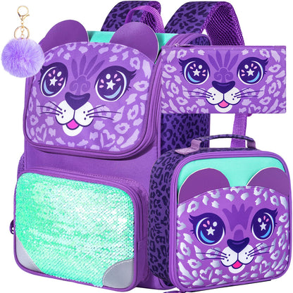 Lot de 3 sacs à dos à paillettes pour filles, sac à dos avec boîte à lunch, sac d'école maternelle pour enfants de 15 pouces pour élèves du primaire et du tout-petit - Koala vert 