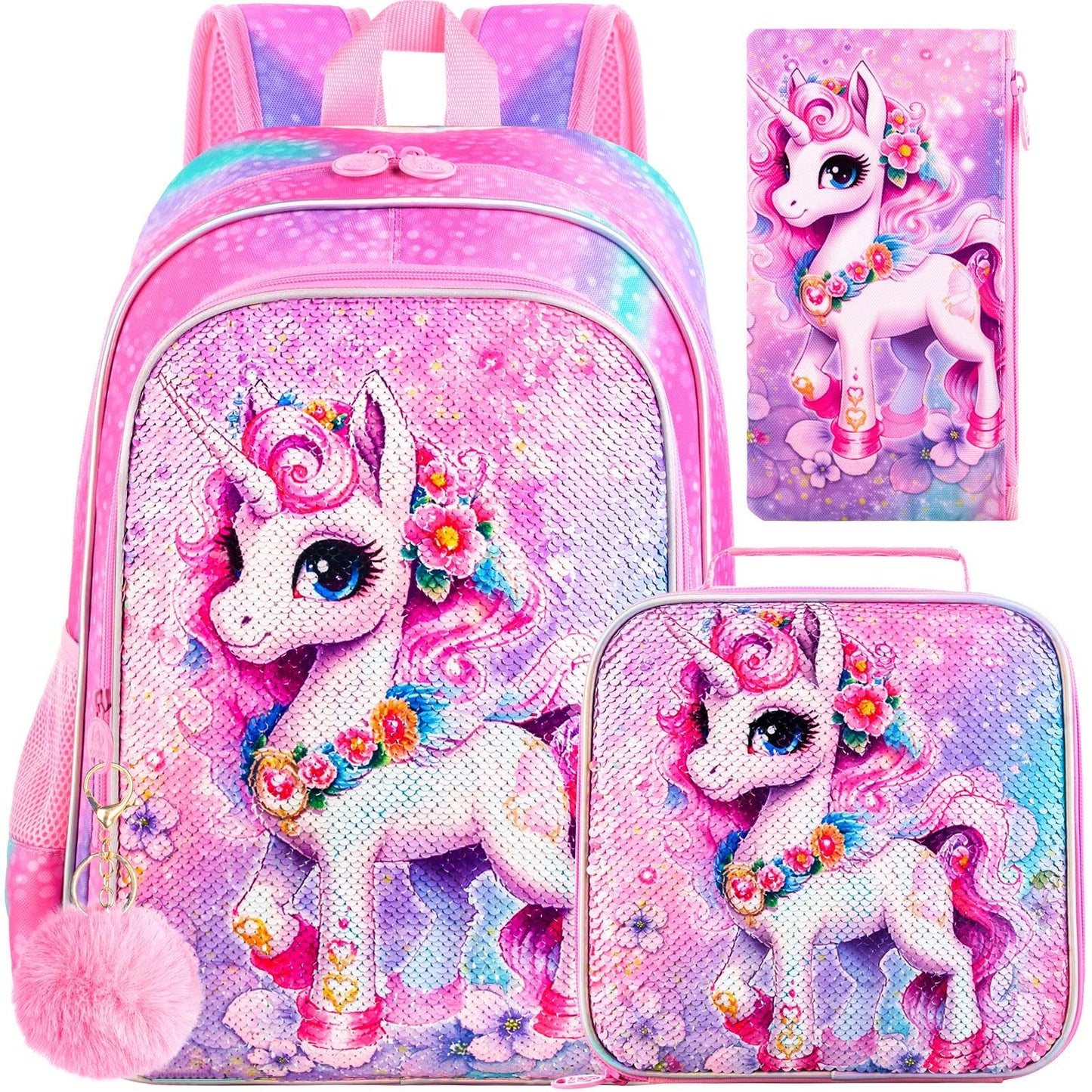 3PCS Kids Backpack for Girls, 15" Sequin Bookbag with Lunch Box, Leopard School Bag Set for Elementary Preschool Toddler