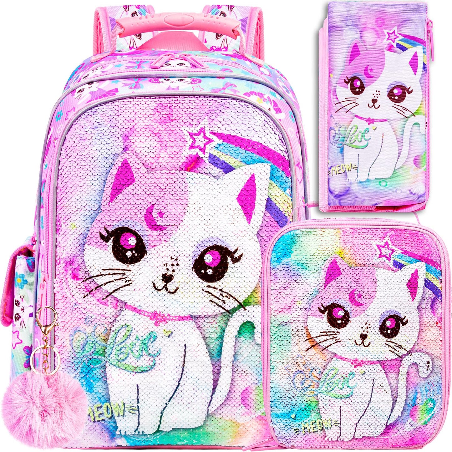 3PCS Kids Backpack for Girls, 15" Sequin Bookbag with Lunch Box, Leopard School Bag Set for Elementary Preschool Toddler