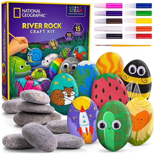 NATIONAL GEOGRAPHIC Rock Painting Kit - Arts & Crafts Kit for Kids, Paint & Decorate 15 River Rocks with 10 Paint Colours & More Art Supplies, Kids Craft, Outdoor Toys, Kids Art Kit, Kids Activity Kit