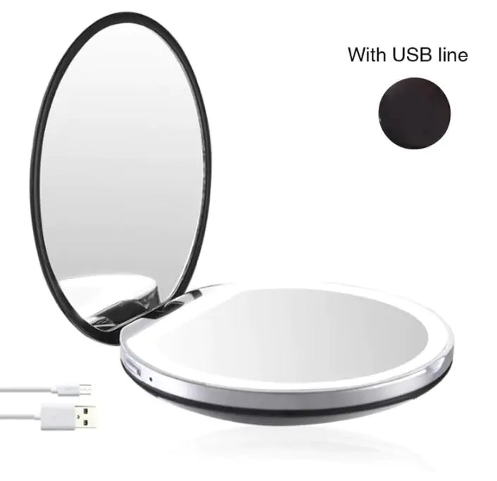 Illuminated Handheld 2X Magnified Gift Folding Small Round Mirror